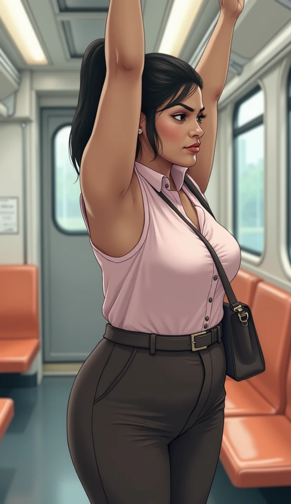 12-year-old girl, caderas anchas, pechos medianos, pelo oscuro largo, gafas, leggins ajustados, tank top, en el metro, lleno de gente, 8k, gran calidad, detallado