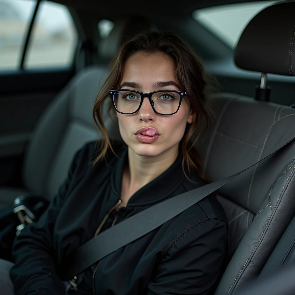Realistic young 18+ teen with glasses on her eyes sitting in car