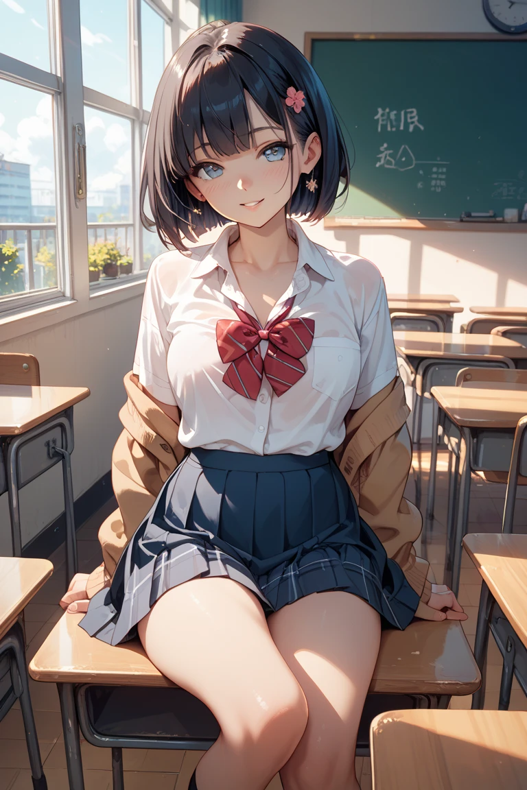 (masterpiece、Highest quality)、Beautiful illustrations、Staring at the audience、Beautiful thighs、Front view、((1 Girl))、Mature 、She looks like a 25-year-old high school girl.、Shiny skin、(Short Hair)、Big eyes、Long eyelashes、Very tall、 Beautiful Hair、Beautiful Face、Beautiful Eyes、 Beautiful breasts、Beautiful thighs、Beautiful feet、Beautiful fingers、(((Brown knitted vest、Short sleeve white collar shirt、Navy Pleated Skirt)))、((Red bow tie))、(In the classroom)、Are standing、((smile))