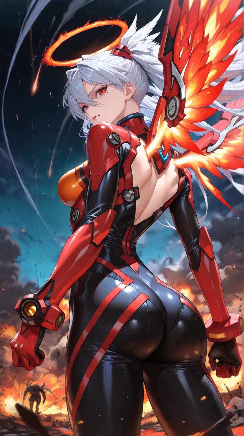 realistic,highest quality, ultra detail, High quality CG drawing, The most delicate and beautiful, Floating gently, High resolution, (1 girl), (Highest image quality,4K,8K,masterpiece:1.2) ,light purple hair,Rabbit,Bunny ears,ponytail,red eyes,(ultra girl:1.0),(red ultraman bodysuit:1.4),red gloves,red shoes, (Turn your back to your audience:1.3),butt