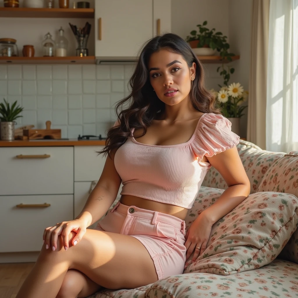 18 year old, surreal latina girl，tan skin, baby face, orgasm, mouth open, cleavage, soaked, sweating, beautiful, hands on head, arched back, hyper realisitc, very Sexy look, provocation, in high school, v-cut top and pleaded skirt, night time, magic energy, pink and white blue, sitting in chair, view from above, with doctors in the room