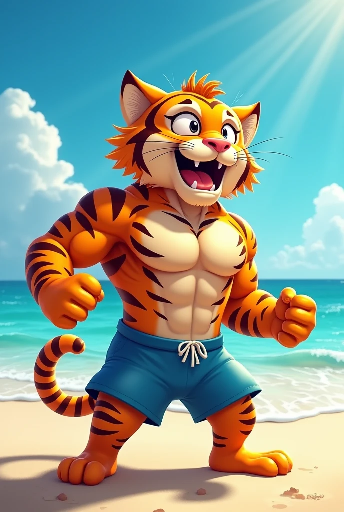 8k wallpaper,masterpiece,Movie Lighting,best quality,illustration,From《Big cat at home》Lin Hu,Tiger Boys,Muscle Man,Strong body,Blue Eyes,Tiger Stripes,Copper coin necklace,seaside,Black swimming trunks。