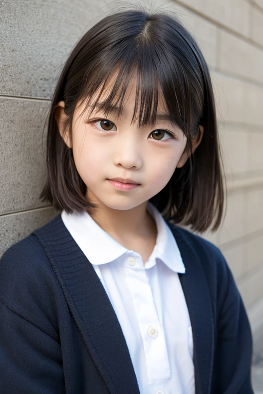 Highest quality, Face Focus, Soft Light, Ultra-high resolution, (Realistic:1.4), RAW Photos, 1 Japan, alone, cute, (A shy smile:0.5), (Brown eyes, Light in your eyes), Beautiful face in every detail, (Small box),(High resolution detail of human skin texture), (Short Bob Hair), break, In the classroom,Navy uniform, Best, skirt