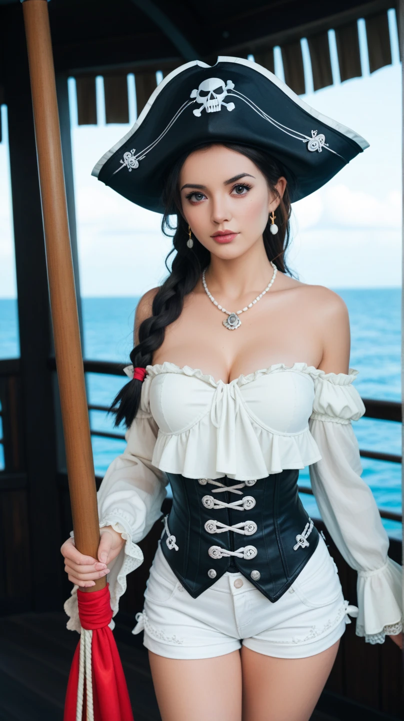 retro fashion, gorgeous 25 year old woman, petticoats, corset, black hair, green eyes, seascape