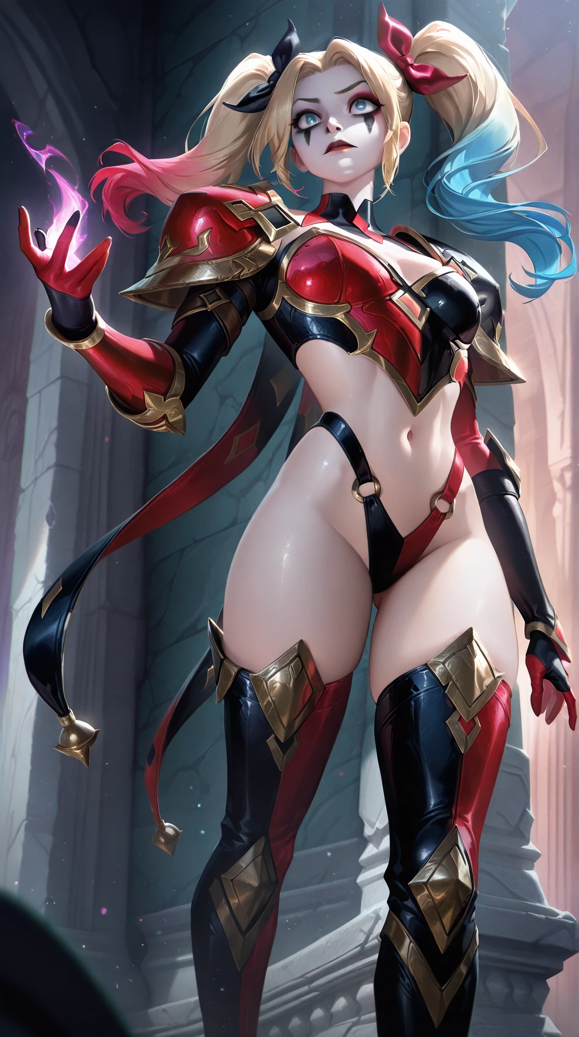 Eyes covered, woman, rosemon , ((dust particles)), adorned in ((red suit)), ((twerking)), metal muscles, emanating a medieval elegance and marvel, green cape, armor pump boots, (black thigh highs), blonde hair, (red bra), small armband), gauntlets, ((armored bikini:1.4)), sword, shield, exposed midriff, (puffy lips:1.3), detailed eyes, ((slendered abs:1.2)),(((gigantic breasts:1.5))), wide hips, (puffy lips:1.5), slender abs,rim lighting, side light, (((cinematic light))), ultra high definition, 8k, film grain,best shadow, light particles, detailed skin texture, detailed gem armor texture, detailed face, intricate details, super detailed, bright, spiked heel boots