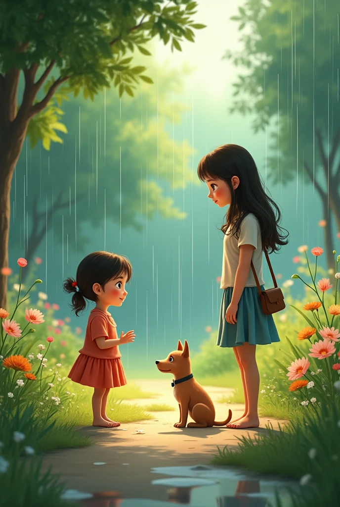 An incredibly charming 4-year-old girl carrying a backpack, brown eyes, long brown hair, accompanied by her adorable boxer dog, enjoying an adorable spring walk. facing a stream and natural landscapes. The illustration is in high definition in 4k resolution, with highly detailed facial features and cartoon-style visuals.