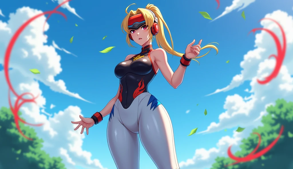 (best quality:1.2),solo,1girl,mdrin,smile, fight pose ,looking at viewer, cleavage ,giant ponytail hair, red and yellow hair ,v-shaped eyebrows,red jacket, sleeveless jacket, white tank top , fingerless gloves,red yoga pants, red cap ,choker,illustration,floral garden background,warm color tones,soft lighting, Hair over one eye, ultra long hair, standing on hooftop, long boots