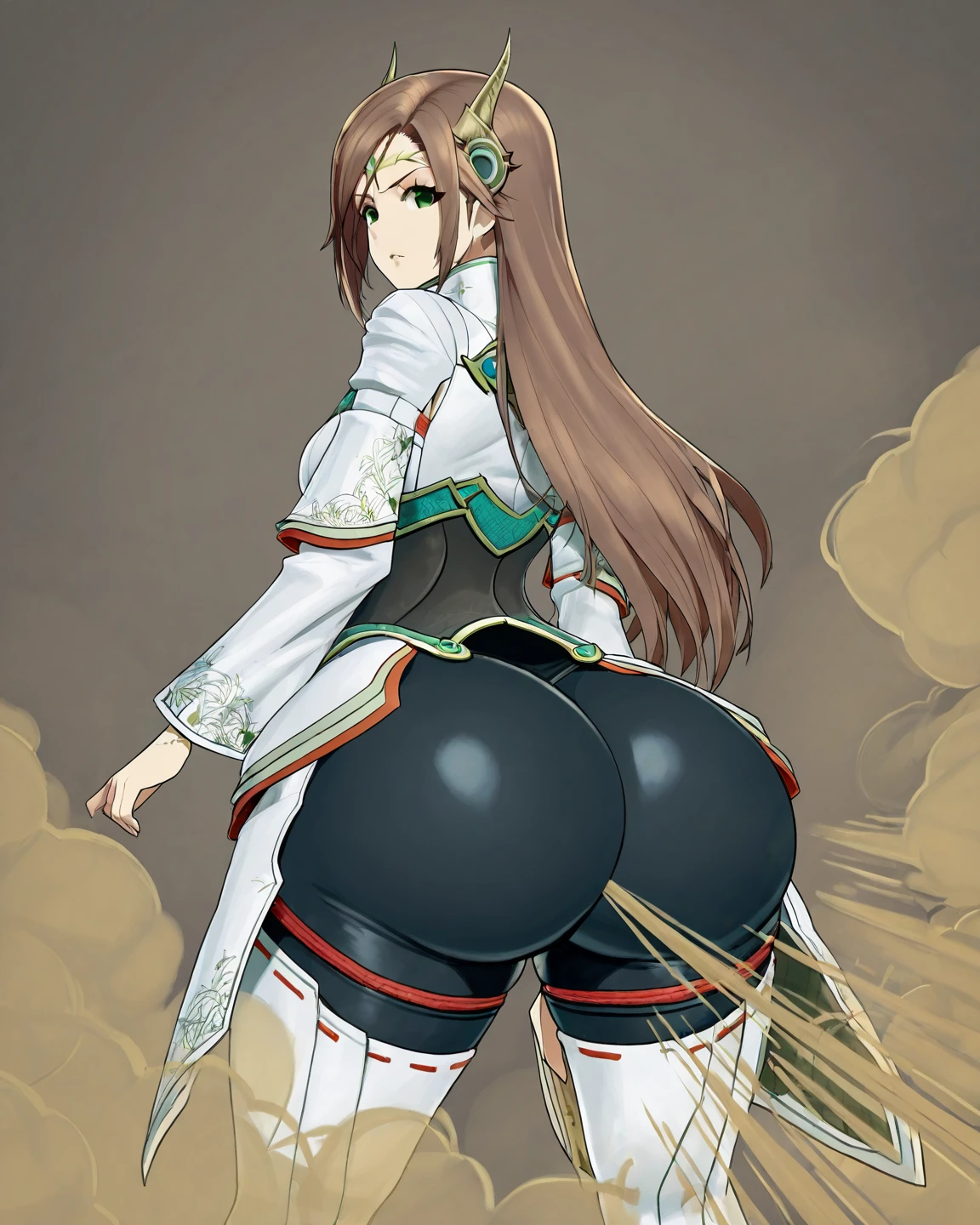 alexandria, green eyes, short hair/long hair, hair ornament/no headwear, circlet
xenoblade, long sleeve shirt, thigh boots, leggings, waist cape, breastplate, bracelet, Farting, fart cloud, ass visible from front, ass focus, looking at viewer, (((big ass))).