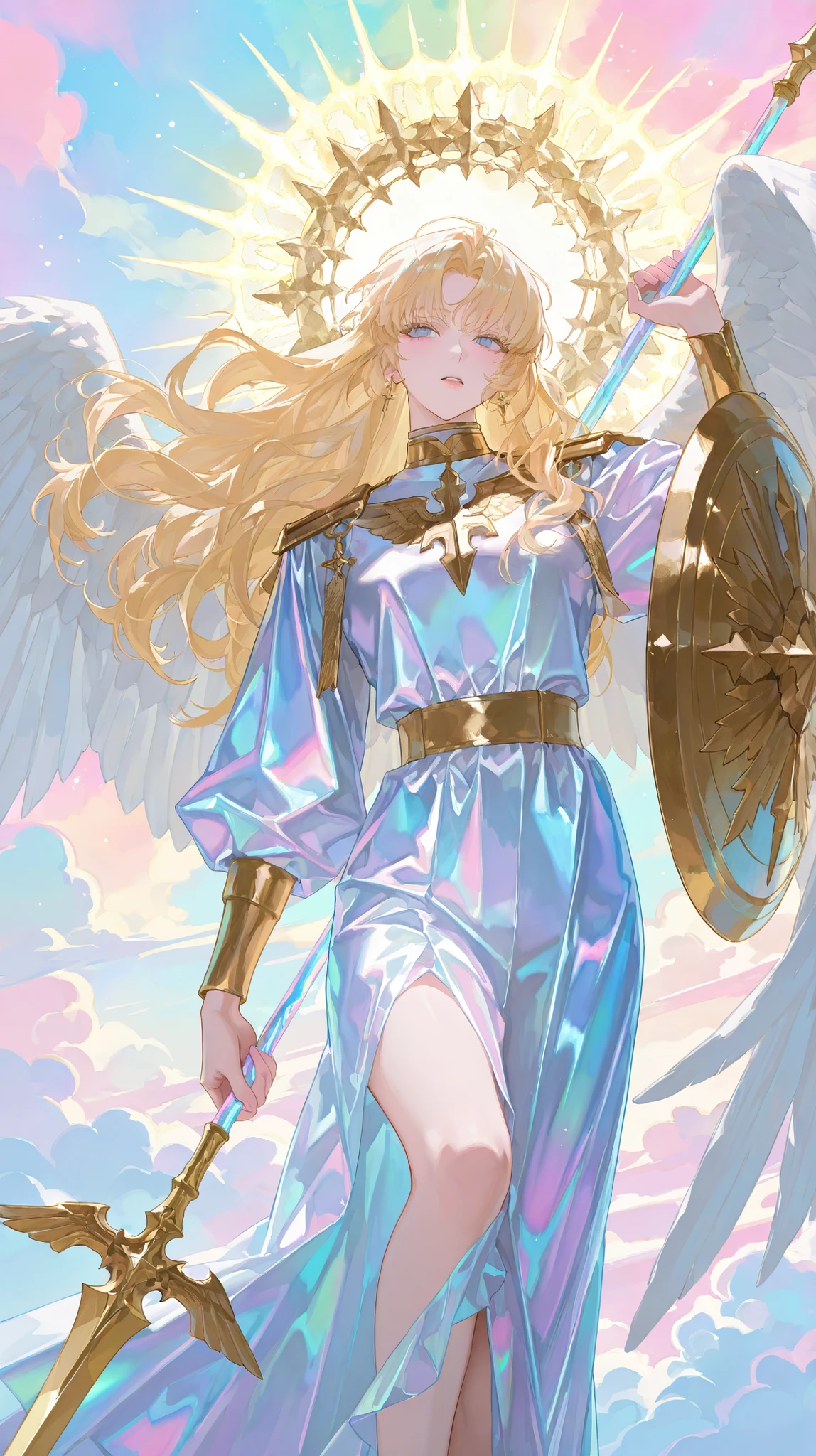8k, Detailed brushwork, Master piece, Perfect figure, blonde woman with a knife, long hair, Archangel Michael , white wings, Feather scattering , iridescent , 창과 방패를 들고 있는 모습, colorful background, fantasy style , pastel tone, Defeating Satan, Defeating Satan, Holding a spear and shield with light coming down from the clouds