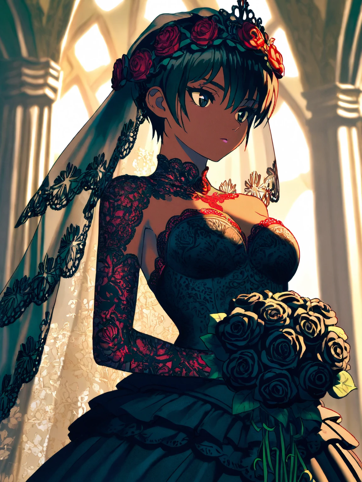 masterpiece:1.2, highest quality), realistic, (real picture, intricate details, Depth of the bounds written), (1 girl, alone), compensate, parted lips, very detailed, perfect face, (skin dents), thick thighs, wide hips, small waist, expensive, shiny coral lips,, (Girl in a wedding dress with flowers in her hands )), sexy, blush, Mikasa from AOT
