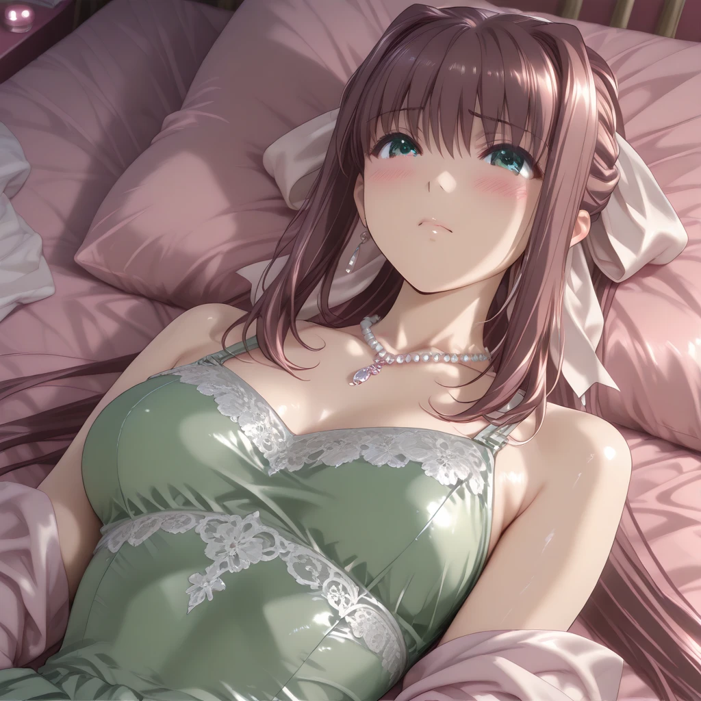 in 8K、top-quality、masterpiece、ultra-detailliert、Ultra-high resolution、Anime style、on the beds、sleep on one's back、Pink cheeks、pink lipsticks、A dark-haired、Braided hair、weddingdress、flower petals、open limbs