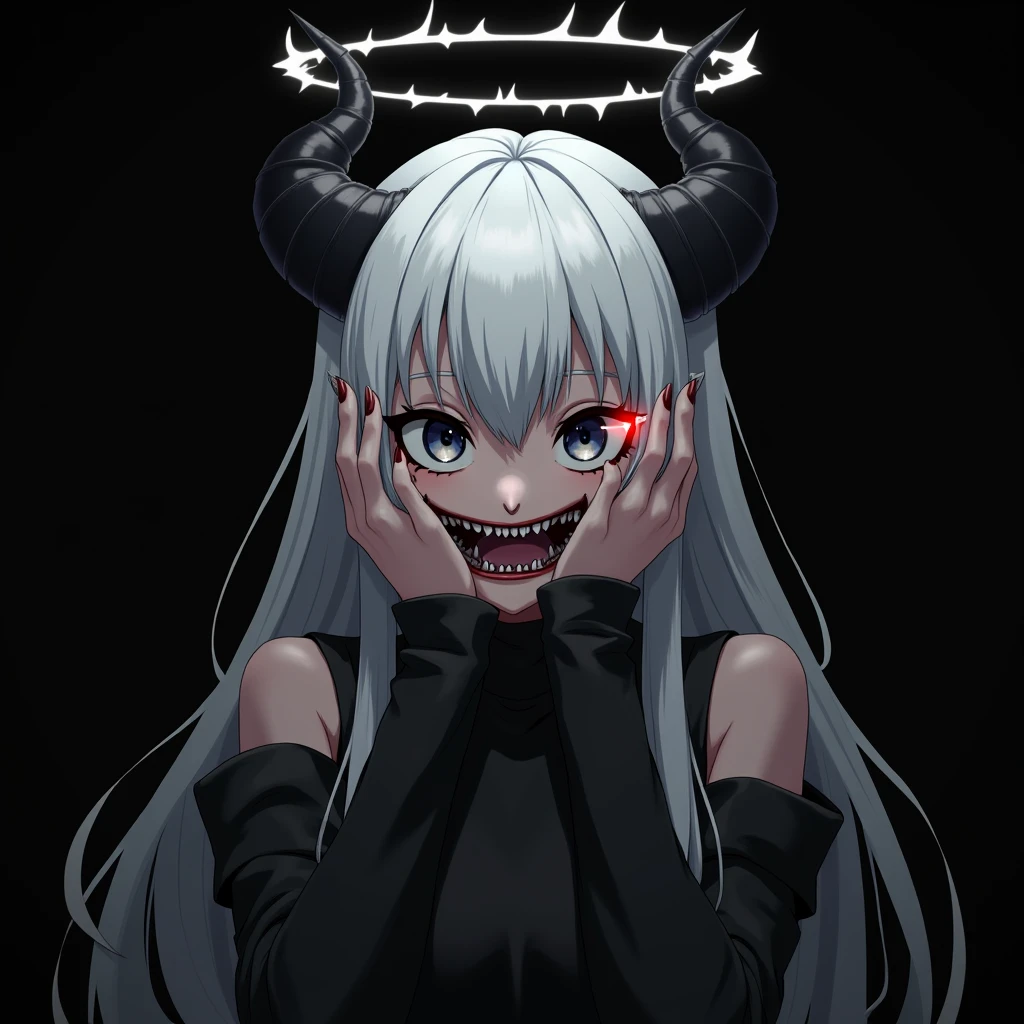 one_eyed, a demon with a huge head, slender body, a single eye, ragged and dirty tunic, elongated fingers, extremely large mouth with sharp white fangs, two small horns on the head and small wings next to them, one-eyed evil gaze , hellish deep.