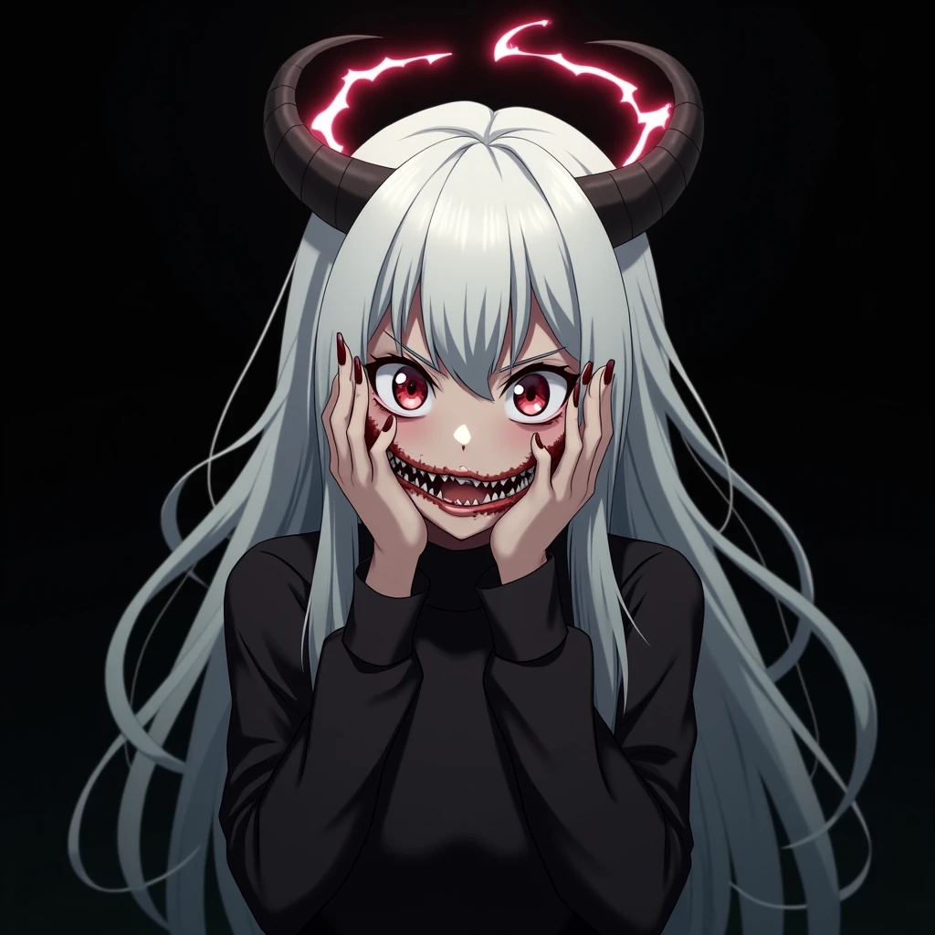 horror-themed one girl, sweetheart, crazy look, crazy smile, sharp teeth, horns, black sclera, red eyes, looking at the viewer <lora:Desolation:0.5> <lora:Dark_Aura_XL_-_Filled_with_miasma:0.7> <lora:OverallDetail:0.8>, score_9, score_8_up, score_7_up . eerie, unsettling, dark, spooky, suspenseful, grim, highly detailed