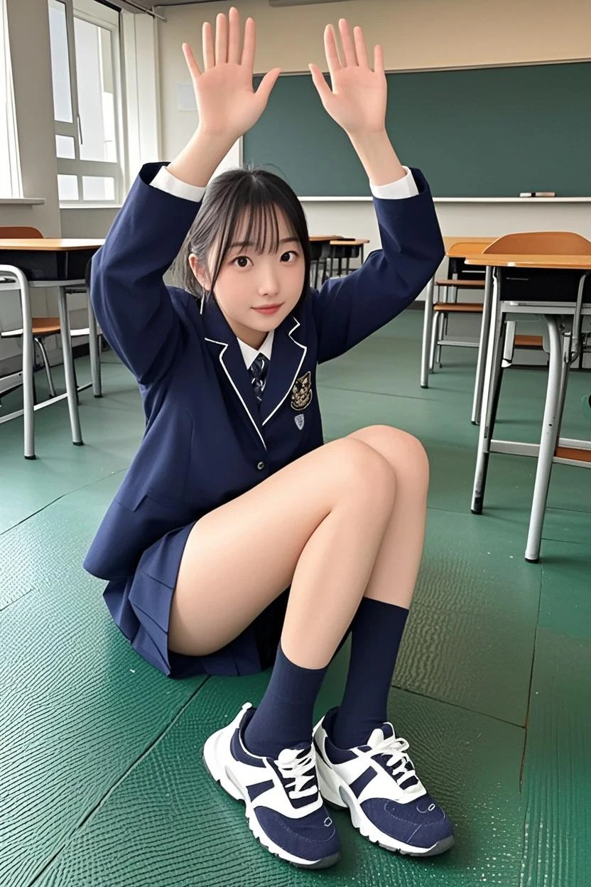 Smiling female student in a sailor suit　Skirt flipping