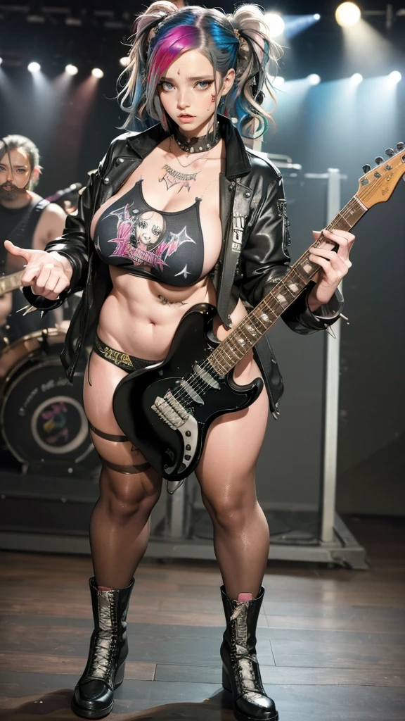 Short and fat female Singer, Long hair , Fifty years old, big pair of glasses, voluptious body, naked body, small and saggy breasts, wearing only a Long coat open, showing naked body,  no panties ,  and leather boots higheels, wearing a skull necklace and punk leather belt, (( fullbody view)), 15 meters way from the camera, stepping over wet floor, playing guittar at stage, show de rock scenario background,, a Lot of people watching her, a thunder, a fire Ray leaving from her guittar,