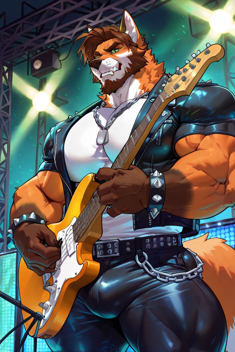 masterpiece, best quality, amazing quality, correct anatomy, beautiful yellow eyes, high resolution, hyper-detailed, 1male,
((solo)), male, brown fur, ((hyena)), brown hair, mohawk, fluffy fur,
((massive size difference)), ((10 feet tall)), muscle, massive, big muscle, ((massive muscle)), dominant, rough, abs, eight pack, pecs, big pecs, (wide shoulder, wide pec, massive pec muscle thick arms),
mature, rugged, ((short beard)),
open black leather jacket, black leather pants, studded belt, spike wrist, dog tag chain necklace, bulge, stage background, stage lights, concert, cowboy shot, (playing electric guitar), dynamic pose, band