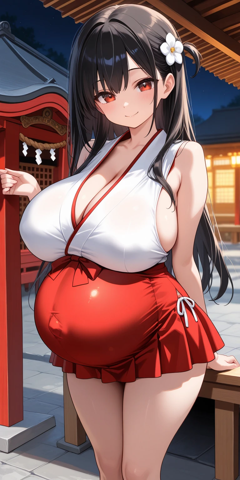 Anime illustration、Youth Manga Style、High resolution、Fantasy、Close-up of a person、A voluptuous shrine maiden greets visitors with a smile at a shrine where a refreshing breeze blows.、Perfect proportions、Cowboy Shot、Huge