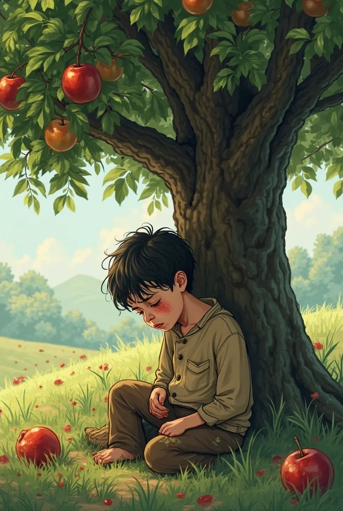 2-year-old boy sitting in a green and flowery garden. He is holding an apple in his left hand and biting it. It's a sunny day with a rainbow in the background and a dog painted black and white behind it.