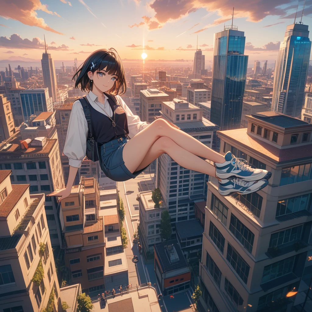 Top view 道路の上にGiant Girlがたっている Burning and destroyed city ruins Rubble pile Giant Girl Black Hair skirt sneakers beautiful girl Metropolis