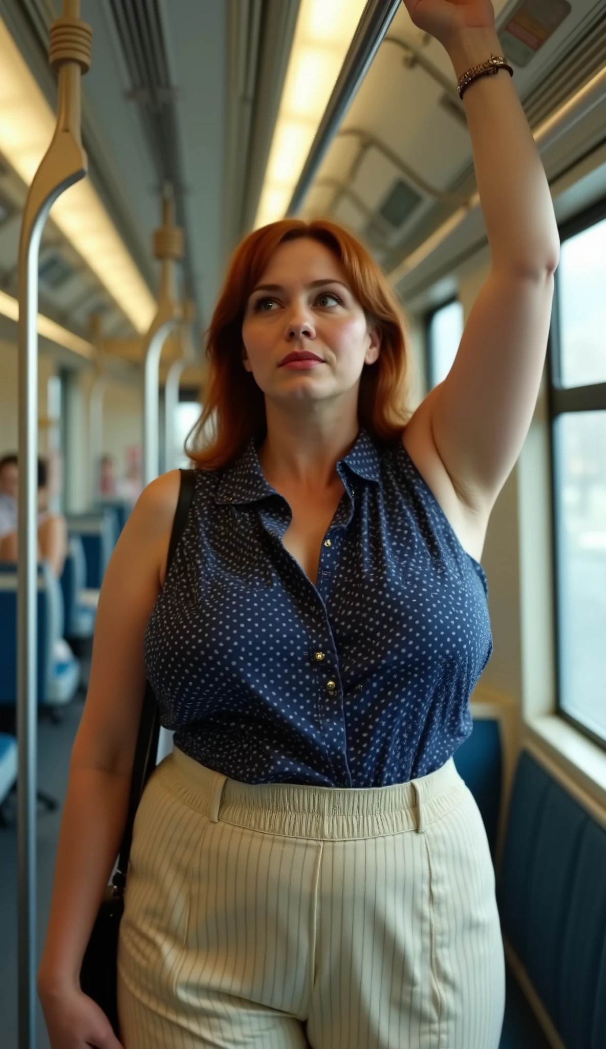 A realistic Caucasian woman with a toned but slightly plump hourglass body, long hair, and toned arms, wearing a dark blue polkadot sleeveless buttoned shirt with a collar and high-waist cream trousers with stripes. Her shirt is tucked in her trousers. She is commuting in a train, raising her right hand high to grab on a horizontal railing, revealing both her armpits, and one hand carrying a purse slinged on her shoulders. She has a little amount of armpit fat and her neck has lines. Have her sweating and her shirt has sweat stains near her armpits. She is looking upwards. Her shirt is wet near the armpit part due to her sweating and show sweat in her neck area.