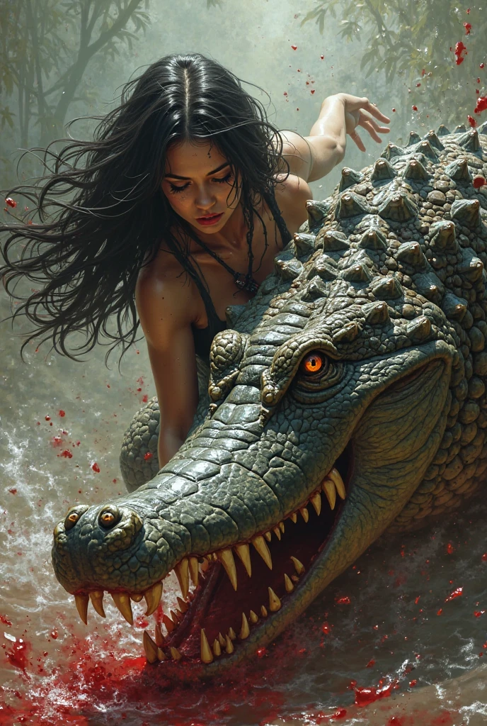 female woman girl anthropomorphic crocodile monkey hybrid, laying on dark cave, intricate details, highly detailed face, expressive eyes, detailed scales, detailed claws, detailed texture, dramatic lighting, moody atmosphere, deep shadows, rich colors, cinematic composition, hyper-realistic, 8k, award-winning, masterpiece