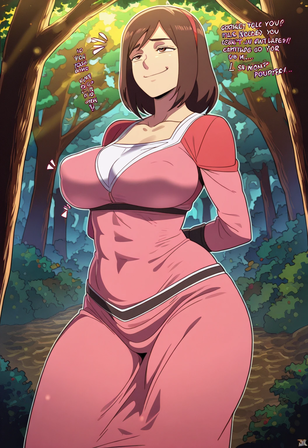 highest quality, High resolution,Anime Screen Capture, green eyes,((Light pink sci-fi suit、obesity))、(wide hips、wide ass)、belt、thigh boots ,(huge breasts:1.2), blush, (embarrassing), :d, dark brown hair、(((hand on chest)))、(Are standing)、((Red-rimmed glasses))、In town