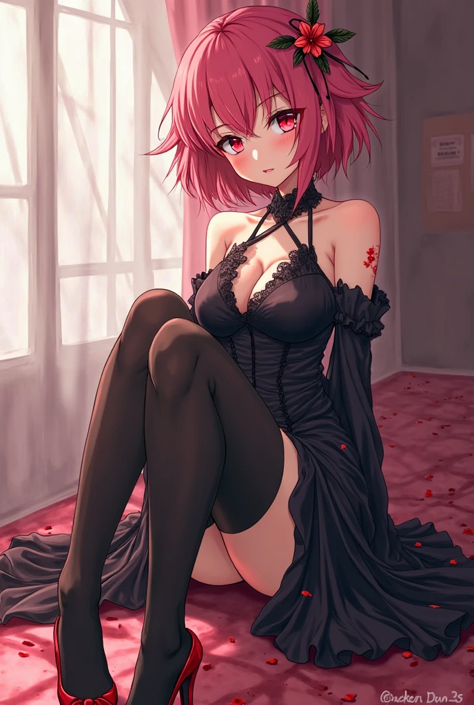 anime, beautiful face, highly detailed face, 2 perfect legs, red detailed eyes, highly detailed background, perfect lighting, accurate arms, accurate hands, accurate fingers, full body, 1girl, solo, Oshi no ko, Arima kana, indoors, detailed heels, beautiful red hair, detailed thighhighs, absurdres, high res, ultrasharp, 8K, masterpiece, looking at viewer, teasing smile, BREAK (detailed black sexy body stocking:1.3), (intricate all lace:1.6), (beautiful black heels:1.3) (transparency:1.8), (lying on the floor elegantly:1.2), elegant pose
