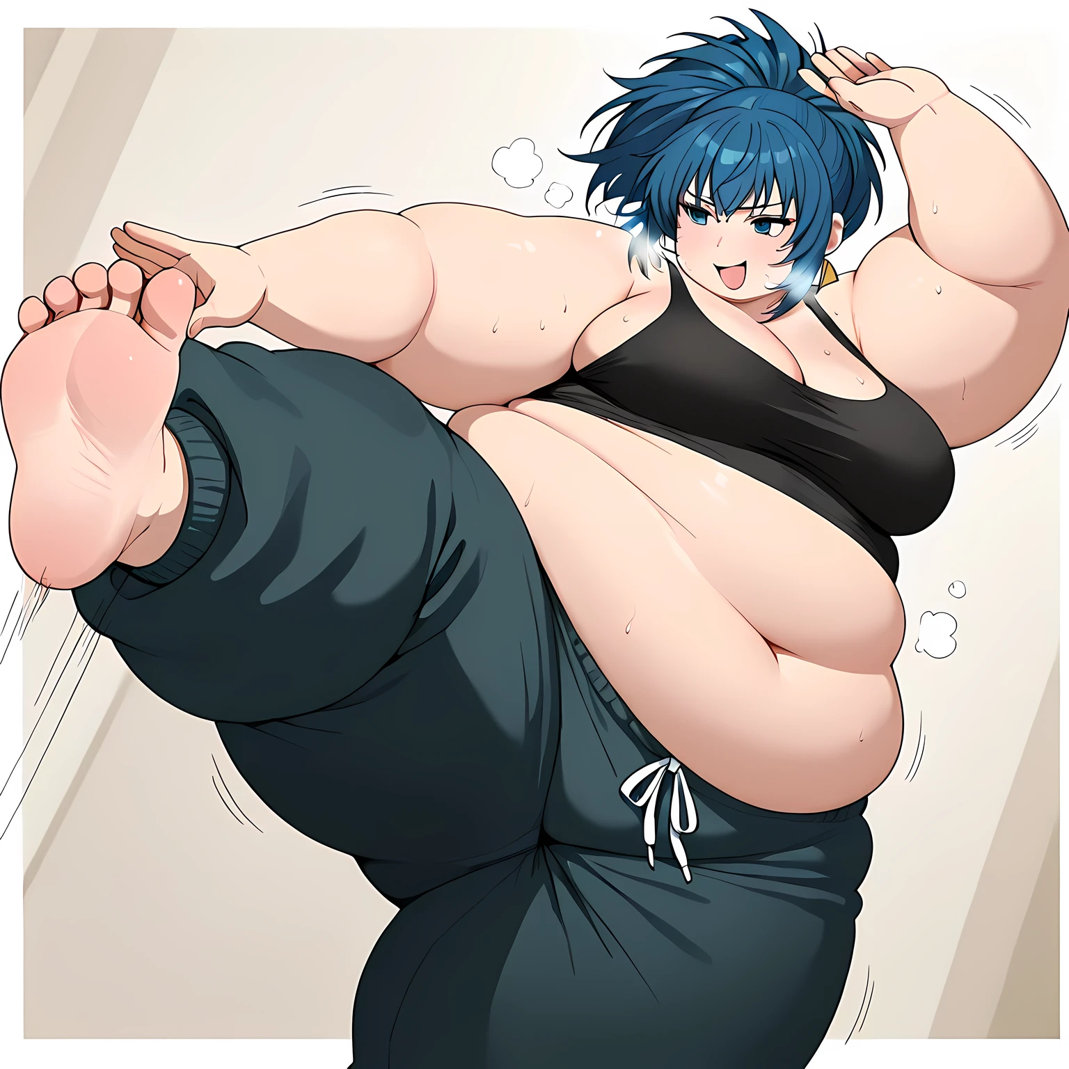 Leona Heidern 1girl , solo, blue hair,blue eyes,、 motion line、 Anime Coloring、、Big 、mature female、 Masterpiece、 high quality、 high image quality、 pretty finger、 detailed face, tank top, black shirt, sweatpants, dark blue sweatpants, u.a. gym pants, black tank top, shy smile, standing, , navel, midriff peek, fat, chubby, obese, gigantic arms and legs, large breasts open mouth, out of breath, showing feet, dynamic pose, dynamic angle,