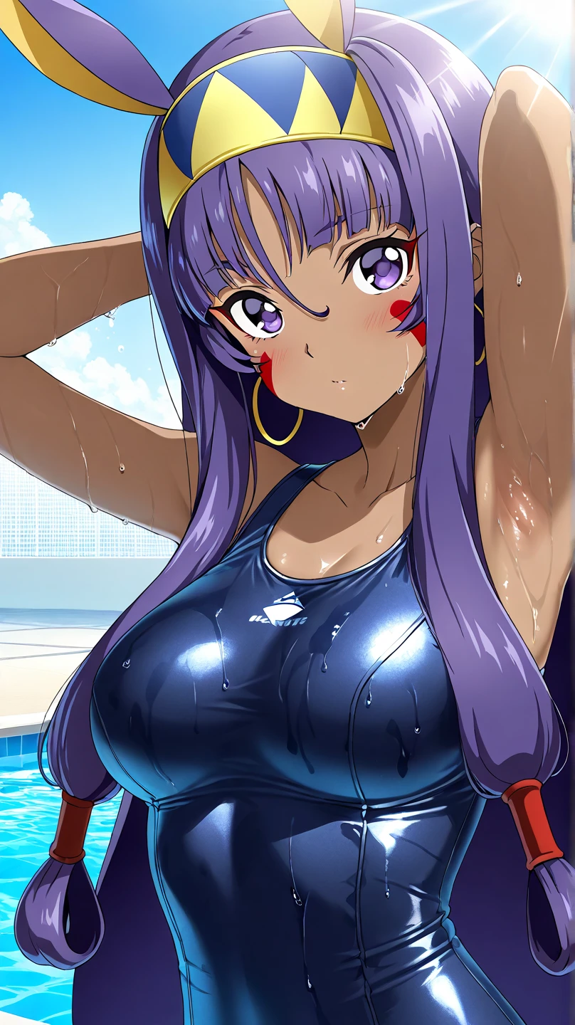 Japanese woman in her 20s with very large breasts wearing a ping micro bikini and purple hair color.
Please draw in color, in the style of 90's Japanese anime.