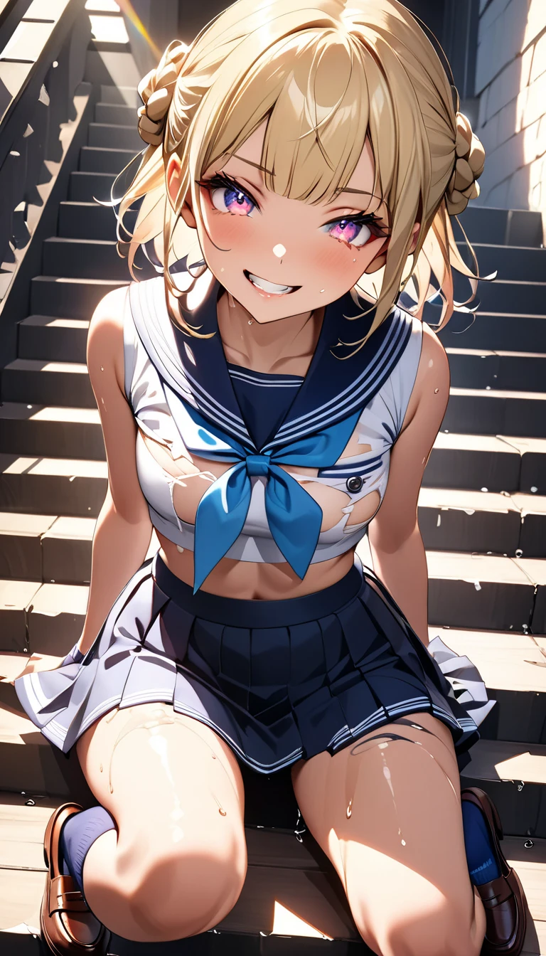 nsfw, (8k、Best image quality、Highest quality、masterpiece)、Detailed face、Detailed Background, Improve、A beautiful 18 year old woman, (Golden Hair:1.5), Short pigtails, (Brown eyes:1.2), (Short), flat chest, , (Short sleeve white shirt:1.5), (Sailor collar), (Red ribbon), (Navy blue pleated mini skirt:1.5), (White loose socks:1.3), (Black Loafers), Gold Necklace, Earrings, (Have a skirt), (grin:1.5), (Blushing:1.4), Squatting in front of the station, spread legs, A large crowd is watching, panties visible, (Pink micro panties:1.2), from front, full body, Peace sign with both hands