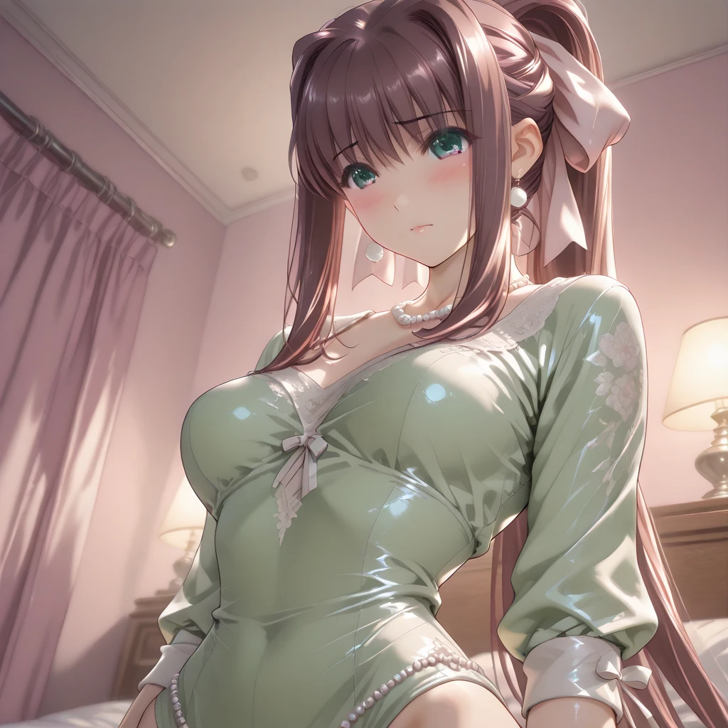 Italian girl 25 years old, very long brown hair, super hyper gigantic breasts, very small torn blouse that cannot contain her breasts, black miniskirt, lying on the bed, her breasts are tied together, and her arms and legs are tied to the bed, she has a slave collar, breasts are wet