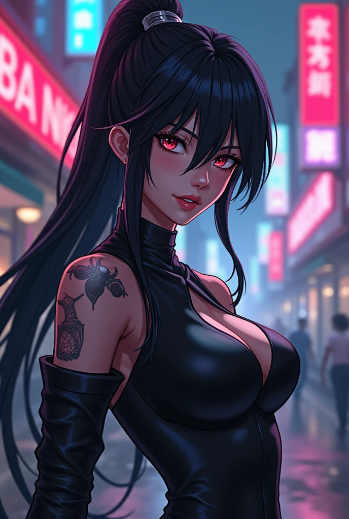 score_9, score_8_up, score_7_up, score_6_up, score_5_up, score_4_up, 1girl, 25yo model bombshell
BREAK (close up shot:1.3, view from front, facing viewer, closeup of face, seductive look), cleavage, pinup pose
BREAK (wearing black micro bikini), ponytail, (long black hair, long tendrils:1.2), (big bright blue eyes, detailed eyes), (large breasts)
BREAK neo tokyo well lit highrise building, filled with neon signs, well lit by red neon lights, translucid, bricks wall
BREAK official art, masterpiece, (anime, cel-shaded), source_anime:1.6