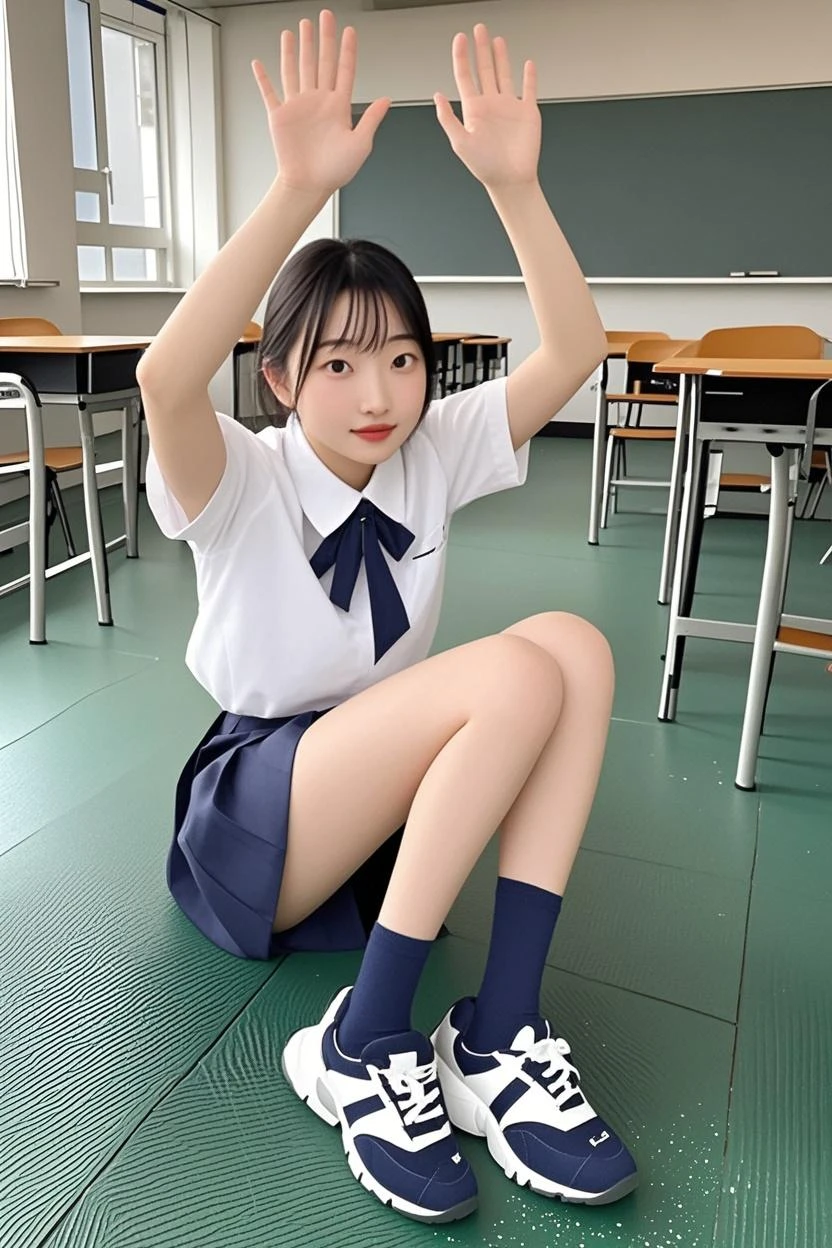 Best quality, super high resolution, reality, alone, high school girl, natural figure, white skin, natural makeup, black hair, bangs, straight long hair, ((skirt rolled up)), high , navy blue pleated skirt, sit down, legs open, (((small size pure white panties))), ((top half of body in uniform)), school classroom, looking at camera, white socks, black loafers, full body photo