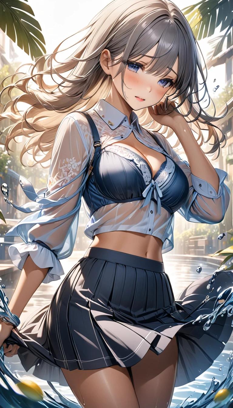 woman,14 years old,graduate School,(((white and blue tight miniskirt bodysuit))),,open mouth smile((See-through))glasses,((beautiful long ponytail)),((Baby girl body shape))