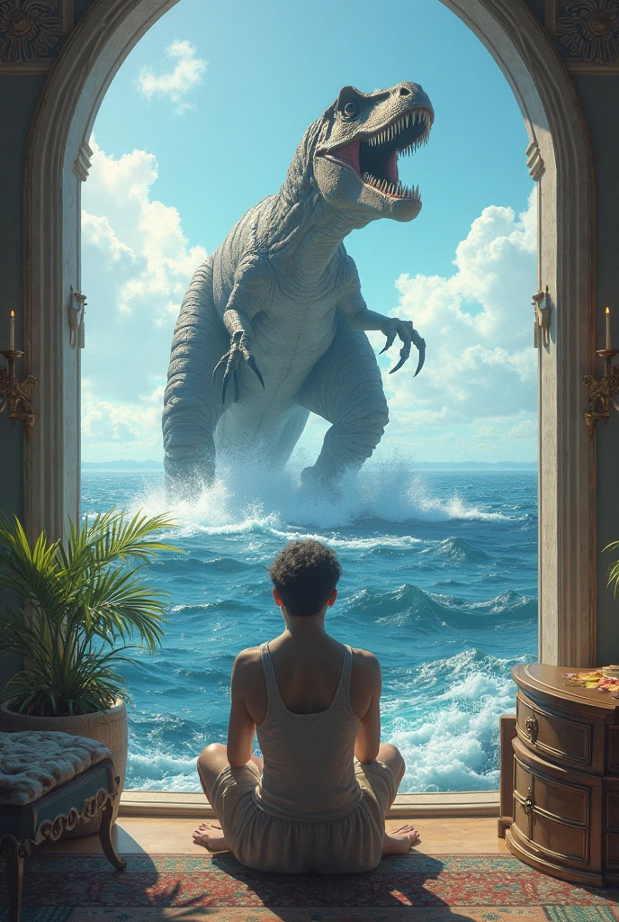 Golden scaled sera reptilian woman, walks during the day with his son by the sea. Pink sand and beautiful waves....daytime stars and nebula