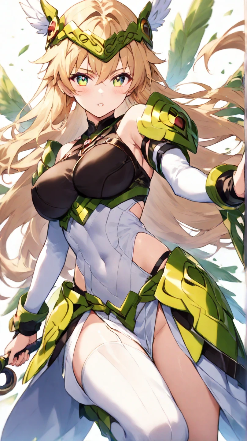 Very detailed、highest quality、Best image quality、masterpiece、8k、Anime Face、A kind smile、Open your mouth、Sparkling blue eyes、(Blonde wavy hair:1.5)、、Muscles of the whole body、camisole、Thigh belt、mini skirt、(Wearing green bikini armor:1.5)、(Cowboy Shot:1.5)、(Leg armor:1.5)、(Wearing a helmet:1.5)
