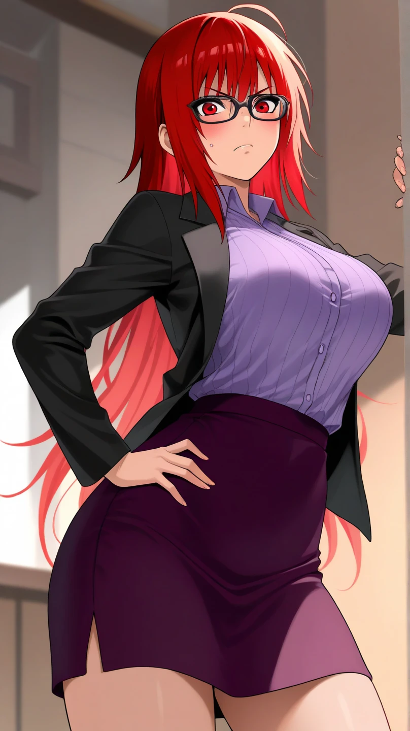Solo, 1 girl, Woman, Jessie, Jessie from pokemon, long hair combed back, reddish hair, blue eyes, secretary's uniform, blue tuxedo with white blouse, low-cut blouse, black skirt, short skirt, thigh height stockings, ambient lights, in an office, smile, tight short skirt, confident smile, winking, skirt raised, showing her underwear,  Red panties, tight red panties, lace panties.