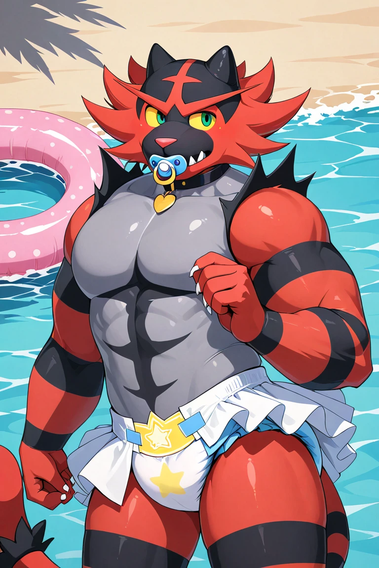 Chubby, furry,male , anthro incineroar, bright fur, cream fur, black hair, very plump, middle aged , mouth covered mustache,Thick beard, seductive , detailed , full body , no clothes, naked, lifted up, chest and belly exposed, hyper penis erection:1.65, bulge detailed, hyper pecs:1.75, extremely hot and sexy, eye ls half closed, black pupils, eye contact, seductive, horny, hot, sweaty, beach setting, afternoon, blue sky, hot temperature, day time, one arm raised, hairy armpit, by hyaku