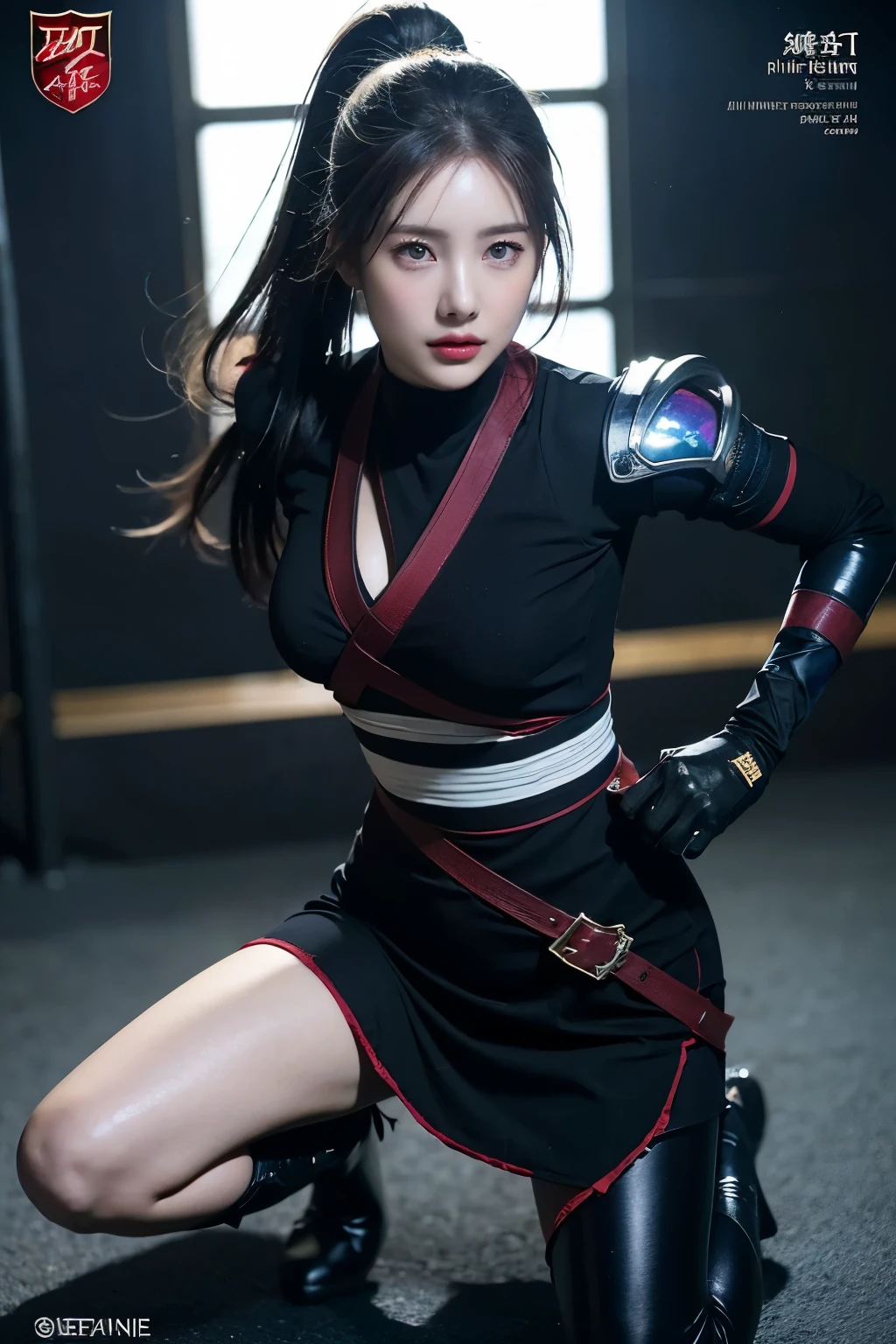 "MAGAZINE COVER, ultra-detailed anime key visual, 8K cinematic. Female tactical operator in advanced military : NINJA uniform, brass epaulettes, carbon-fiber chest armor with hexagonal plates, crimson silk RED neckerchief. Dual-wields combat rifles with holographic targeting, wields a crystalline zweihänder with prismatic plasma effects. Midnight-chrome skirt with mesh stocking, obsidian compression stockings, ceramic-alloy boots. Glossy auburn ponytail, athletic physique, dynamic martial arts stance.
Film noir cyberpunk colors: teal shadows, amber highlights, wet reflections. Dramatic lighting, Dutch angle, rule of thirds. Octane render, Unreal Engine 5 detail."