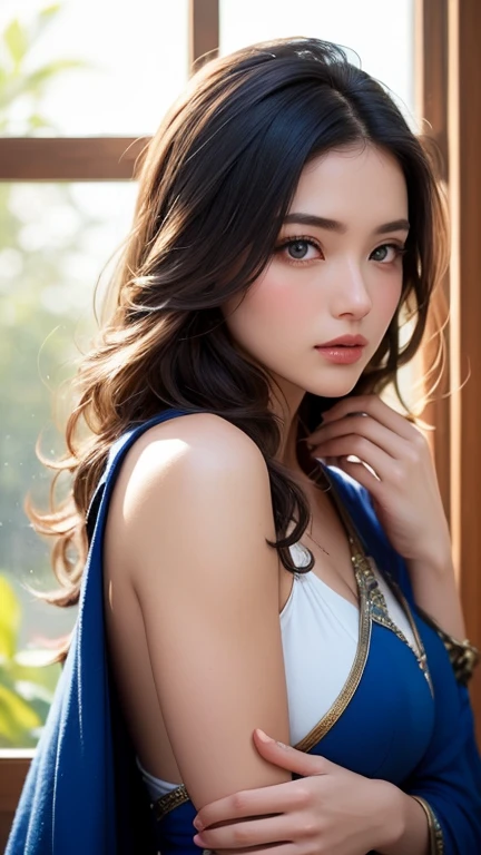Highest quality, 4K, High resolution, masterpiece:1.2, Very detailed, (Realistic, Realistic, Realistic:1.37), Vibrant, Red and blue eyes,Strong gaze,Seductive eye contact,Fiery red iris,Deep blue shining star,Shining Eyes,Bright colors,Portraiture,Fantasy art,Magic Red Light,Mysterious Beauty,The color palette of the,Long Hair,Blue coat,Cowboy Shot,Full Body Shot