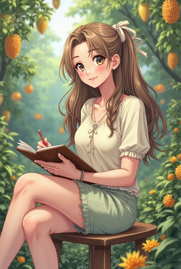 princess, cute face, blush, light dress, exquisite finish, one breast naked, (holding breast), sitting under the tree, (reading book with lewd cover), apple garden, warm morning, haze, detailed, extreme light effect, high quality, (anime style)