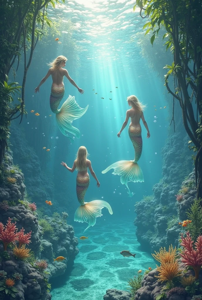 Show an image of several mermaids and fish from the people of the imaginary kingdom of Atlantis at the bottom of the sea