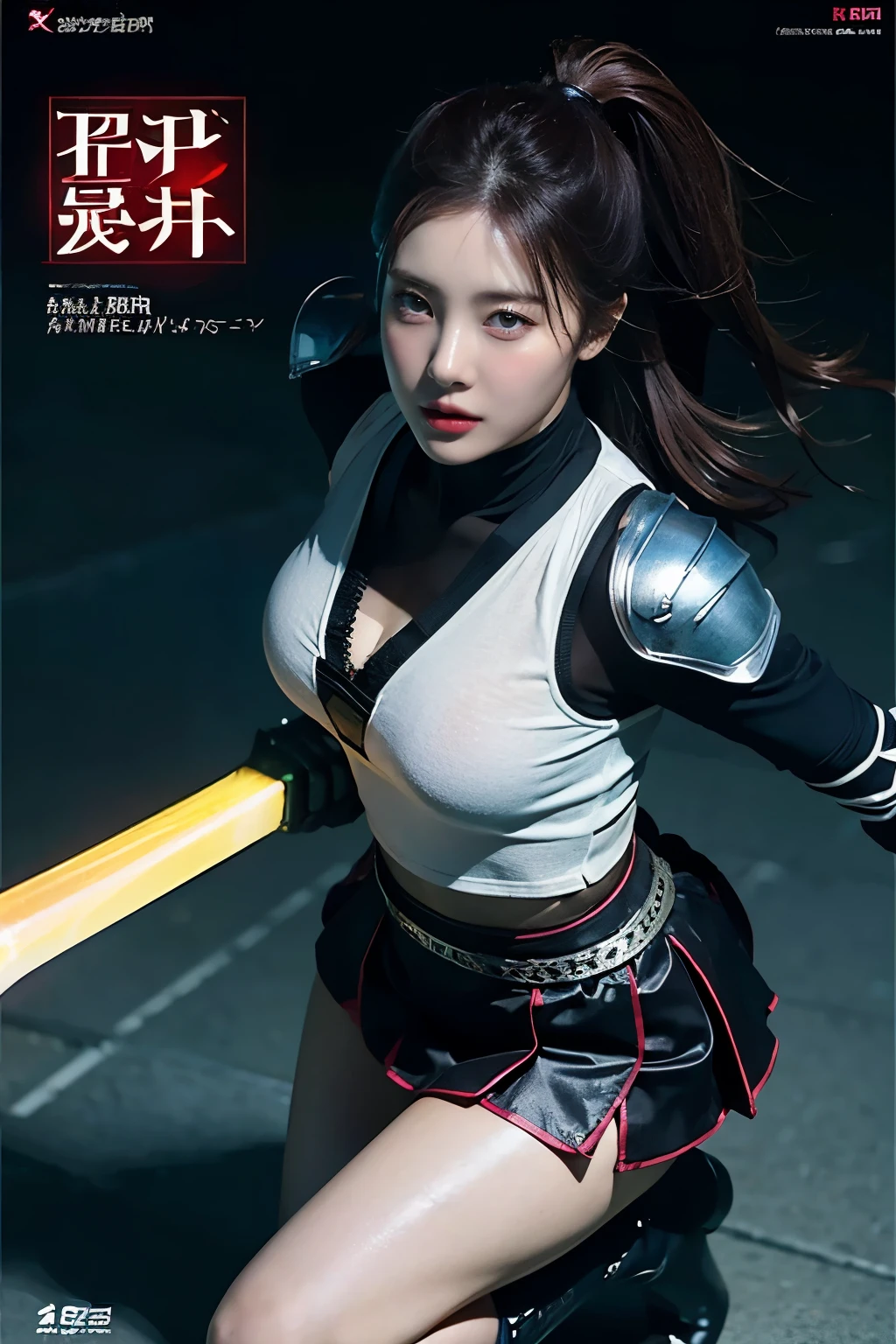 offcial art，extremely detailed CG Unity 8k wallpapers，best quailty，tmasterpiece，A high resolution，Pretty girl ninja，short haircut，Black cut top leather armor，Brown belt，Scabbards on thighs，Japanese Katana Sword，Leather gloves，Black mini leather skirt，Black over-the-knee flat boots，Tight Leather，Small face，The skirt leaks， Spread her legs，with no underpants，bloods，{{Bloody scars on the stomach}}，Blood at the corners of the mouth，Stick out your tongue，wounded in fight，killed in fight，{{Corpse}}, {{Look up}},{{half closed eye}},rolling her eyes,{{dead body}},