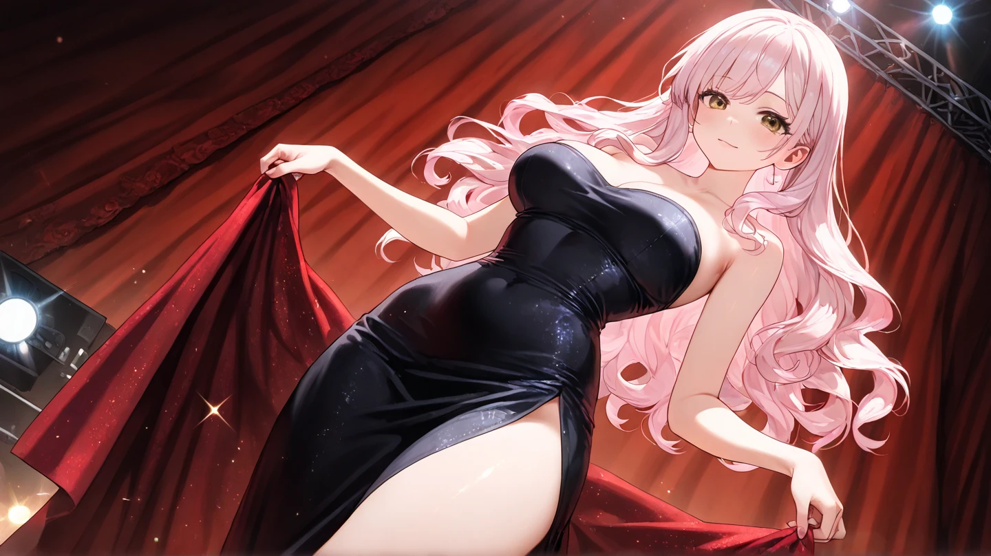 best quality,masterpiece,looking at viewer,absurdres,1girl,depth of field,score_9,score_8_up,score_7_up,source_anime BREAK <lora:011-é£è½®å°å¹´-å¸å§å¡XLV3:0.8>,simca,grey eyes,pink hair,long hair,back,backless dress,backless outfit,breasts,champagne flute,dress,evening gown,from behind,holding,holding cup,large breasts,strapless,drunk,light_blush,Banquet,Senior Banquet,Bright lights,Indoor,a lively atmosphere,Gorgeous hotel facilities,wide space,dancing party,party,,
