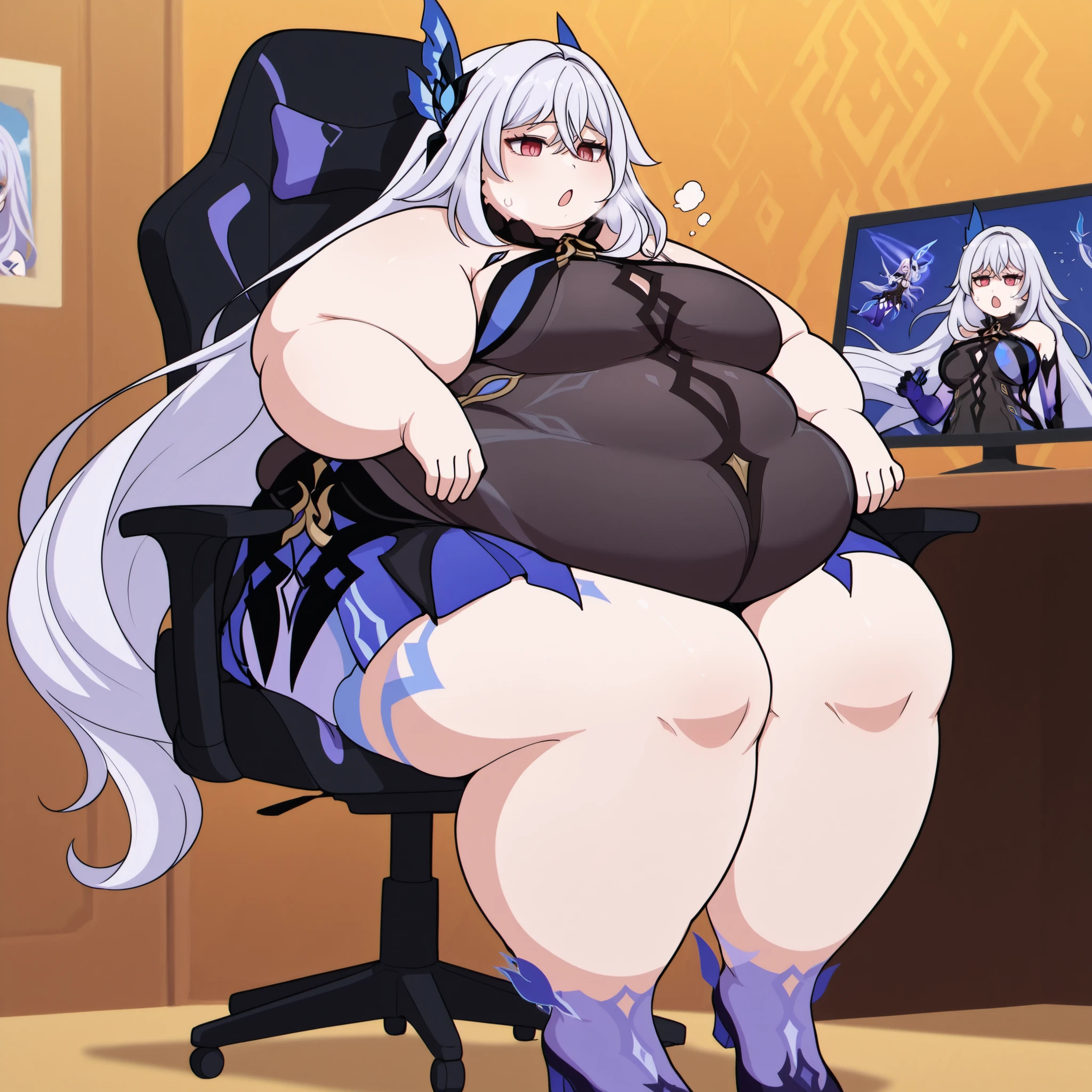 cottaintailVa, 1 woman, big bunny ears, teasing smile. sitting on office chair. chubby belly. wide hips, thick thighs. black with golden lining bunny suit.
