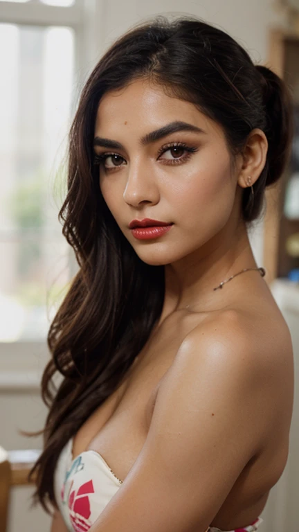 (Masterpiece), (Realistic), (best quality), (8K), ultra detailed, UHD, RAW, black Spanish mom, tan:0.4, (wrinkles:1.3) , round face shape, dark brown hair, long beautiful realistic wavy curly dark brown hair, dark brown eyes, dark brown almond symmetric beautiful realistic eyes, thin eyebrows:1.4, round eyebrows, beautiful symmetric nose, rounded nose-tip, thin nose-bridge, thin nostril, small delicate nose, ((prominent (feminine) cheeks)), (cheek dimples:1.25), thin lips, small mouth, arched chin, red lipstick, skin texture:1.15, wearing a black short strapless dress, (looking_at_viewer), (flexing her body)