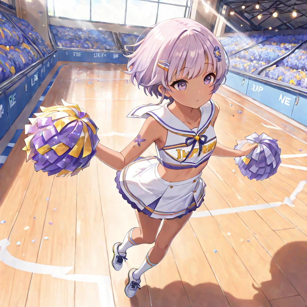 (top quality,4K,8k,high resolution,masterpiece:1.2),Super Detailed,HDR,超high resolution,studio lighting,Ultra Precision Graphics,Clear Focus,( colorful ), gradient blend, motion blur , Shiny Texture , moving composition , atmospheric perspective , Impressionism , , (masterpiece), ( top quality ), amazing, ( Beautiful eyes down to the smallest detail ), ( detailed depiction ), depth of field, Highly Detailed CG , Original , Highly Detailed Wallpaper , ( bright color), cinematic lighting, ( colorful ),、Dark brown skin、purple hair、Very short hair、I'm trimming my back hair、side lock hair、Idiot hair curled from the top、boyish、thin long eyebrows、brown skin、purple butterfly tattoo on left shoulder、Dot butterfly tattoo、small breasts、hair ornament,hair clip,Hair between eyebrows,split the bangs,purple eyes,Cheerleader、Cheerleaderの衣装、short skirt on the arm、white horizontal string underwear、underwear with a small area、Cheering Tournament、Fierce cheering、Open leg in the air、full body、