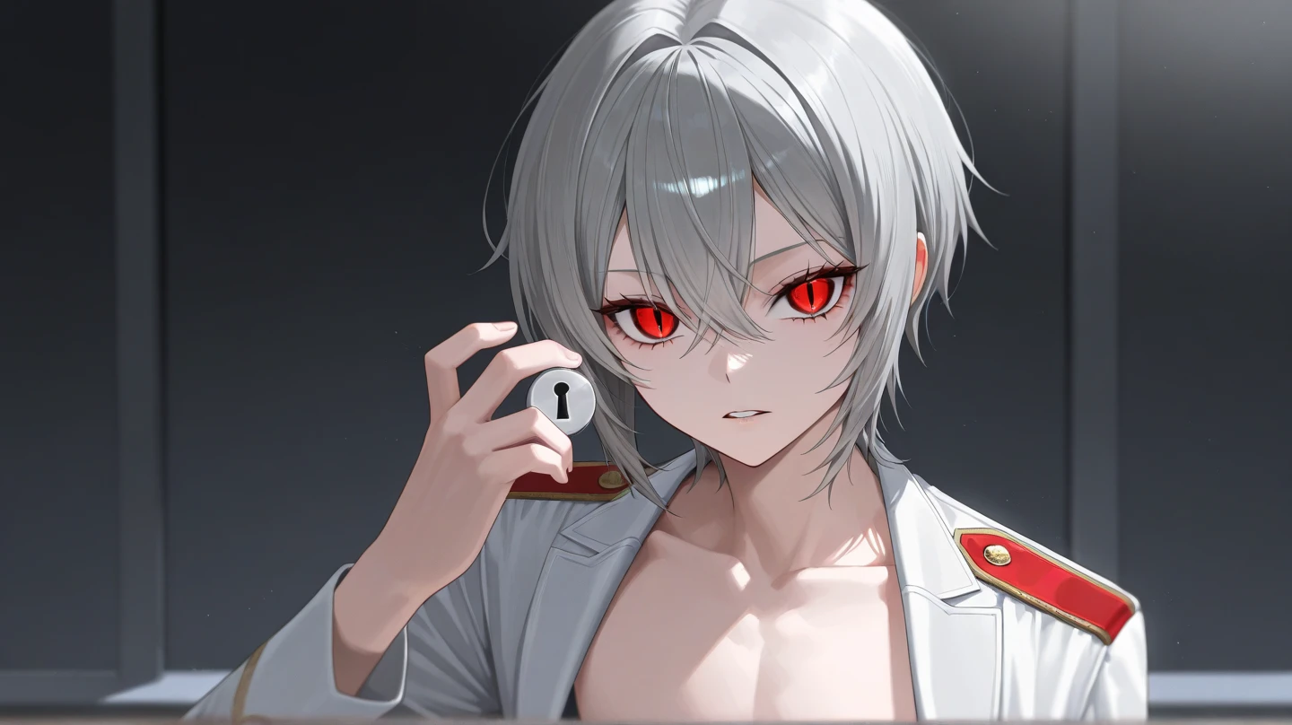 （of a guy，with short white hair，Red pupils，校服，pupils），Open the envelope，A luxurious room，There was a table in the room，On the table was an envelope，There is an eyeball next to it，（k hd，tmasterpiece，closeup of face）