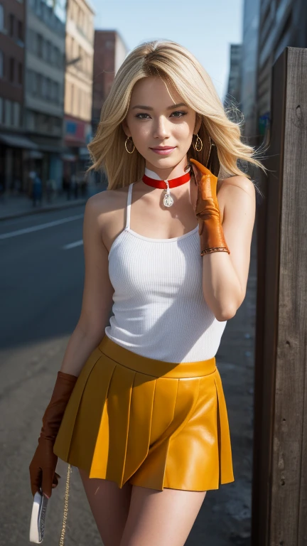 Diana Vickers wearing an underbust top and cherry-colored pants and smiling