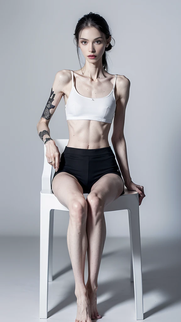 a woman, very thin body, body visible bones, very slender , sweaty weat body, pale white skin, panties, bra,tatto, full body, sit down